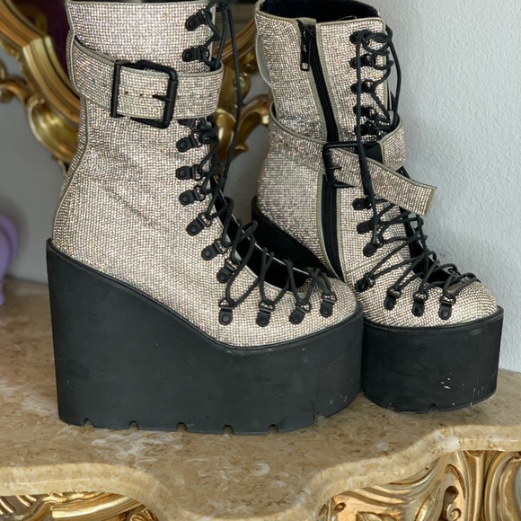Dolls Kill Demonia Rhinestone Knee High Platform Rave boots - Picture 4 of 5